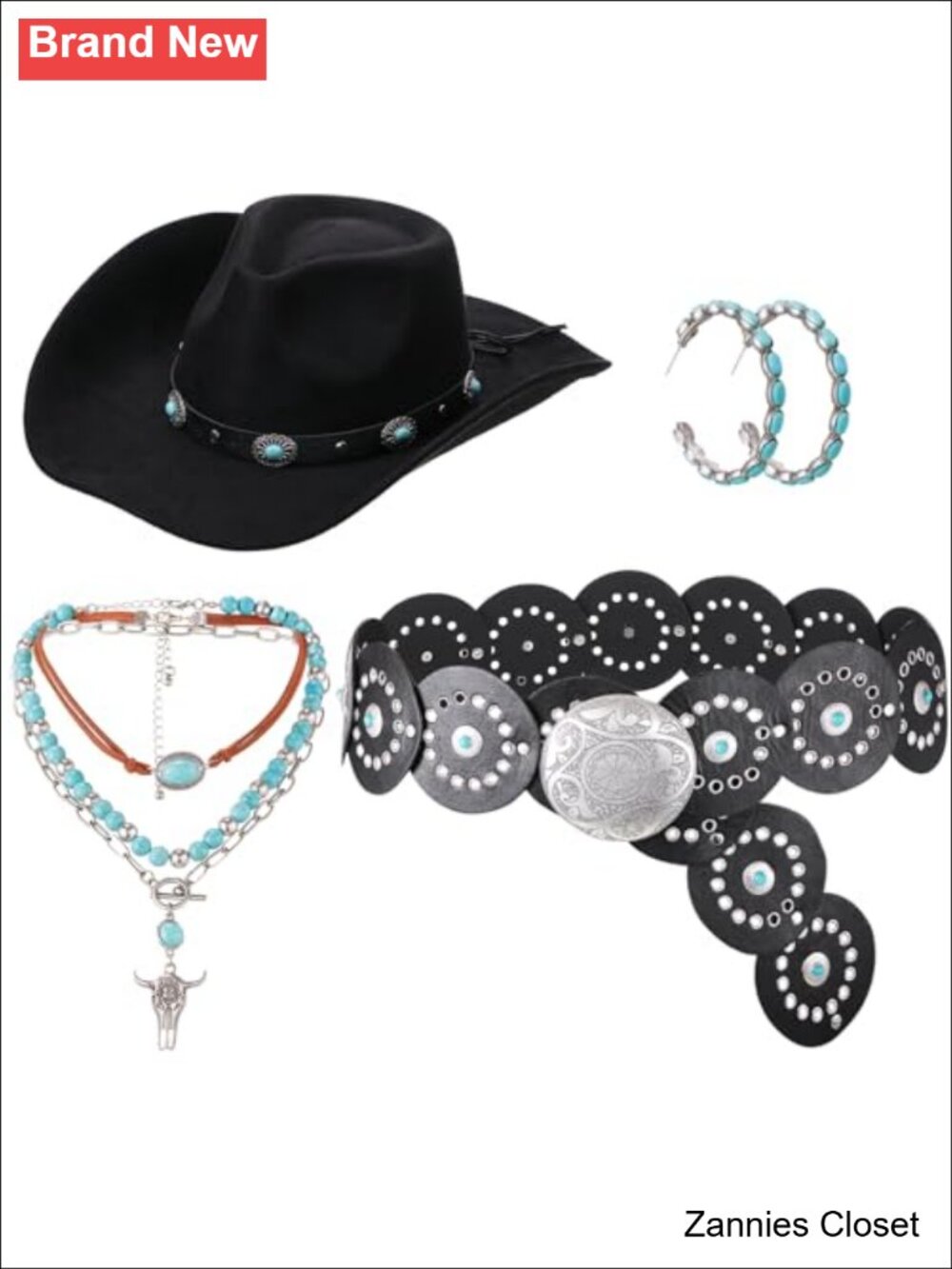 🤠 Chicingyou 4 Pc Western Cowgirl Set Suede Hat Faux Leather Belt Turquoise